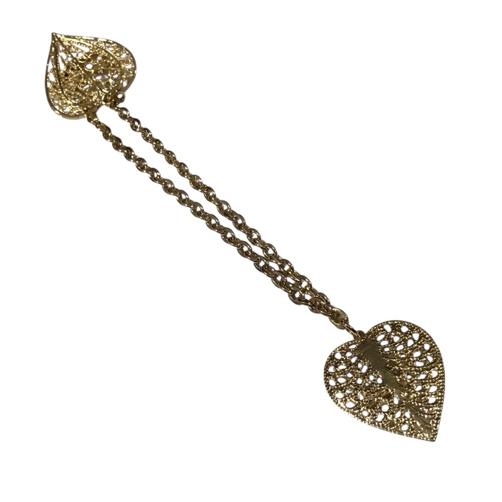 Double Heart Brooch Gold Tone Chain Filigree Blazers Lapel Costume Jewelry Vtg - Picture 2 of 11